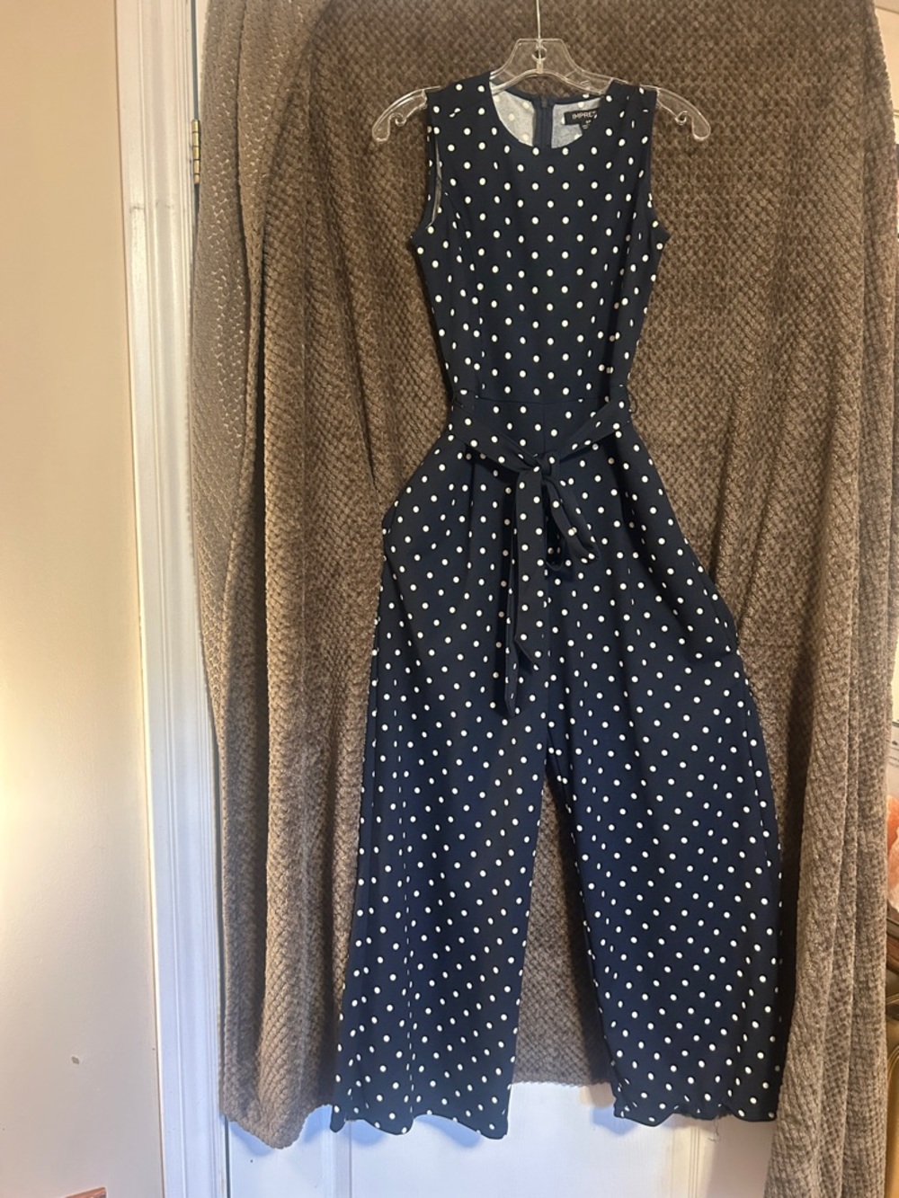 Polka Dot Tie-Waist Jumpsuit - Navy & White